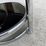 Articulated coffee table with 3 shelves, black glass and chrome, 1980