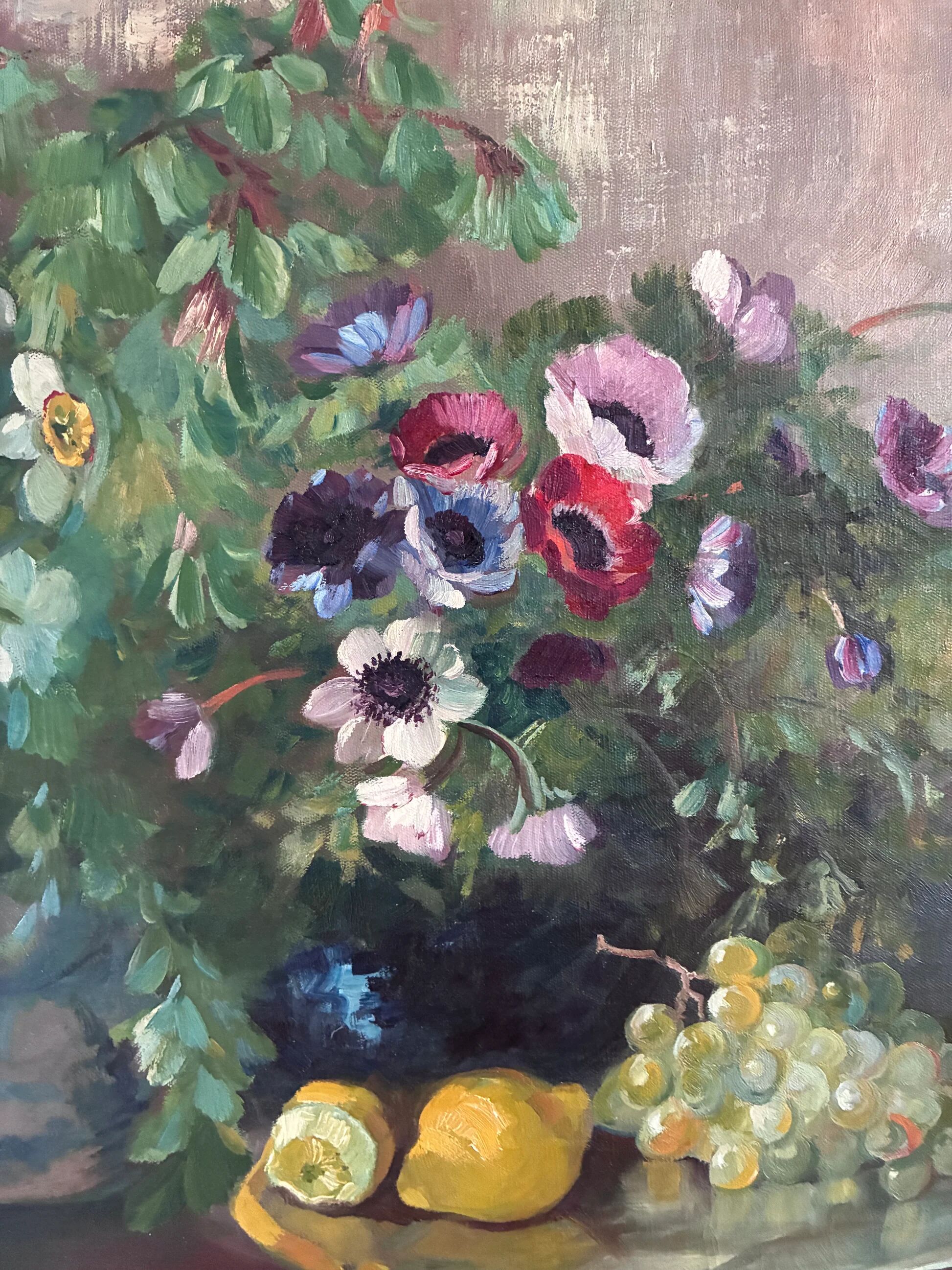 Large vintage original floral still life painting with fruit