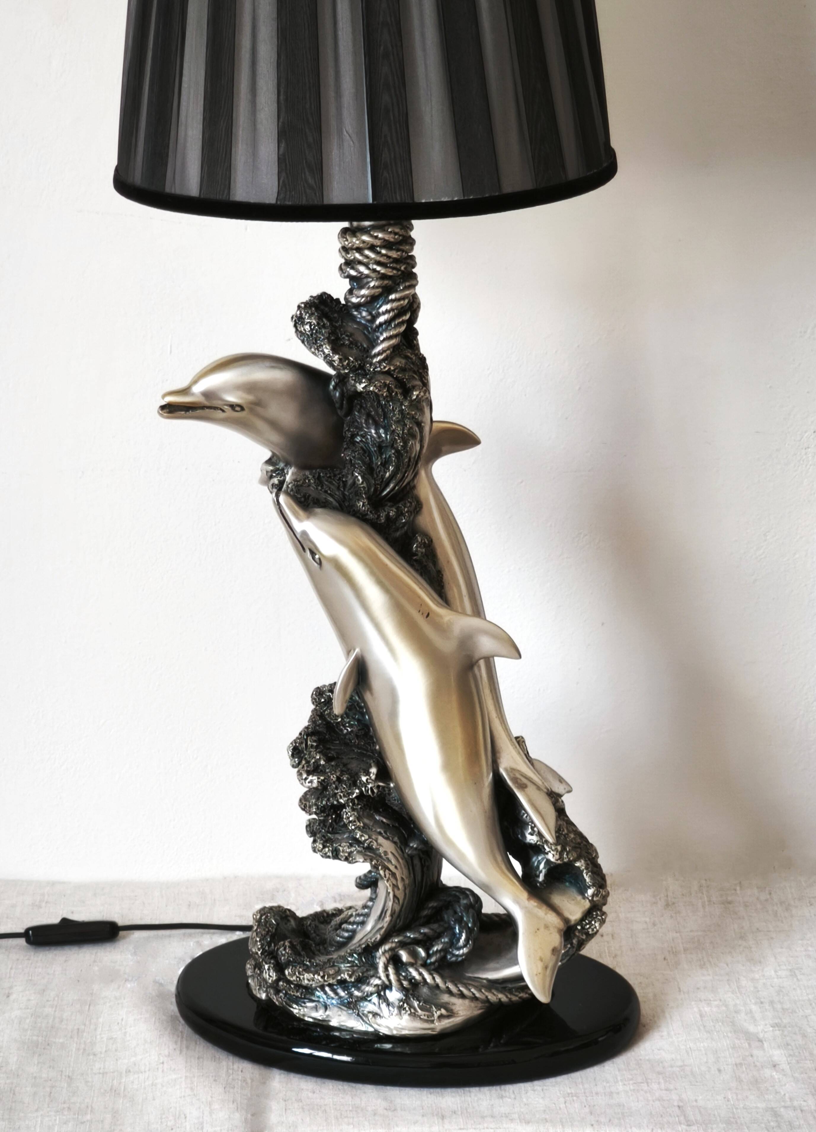 Large sculptural lamp MIDA Argenti silver dolphins Italy