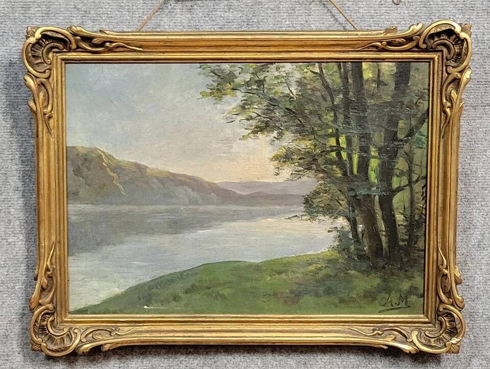 A Maury: oil on canvas painting view of Lake Annecy around 1920