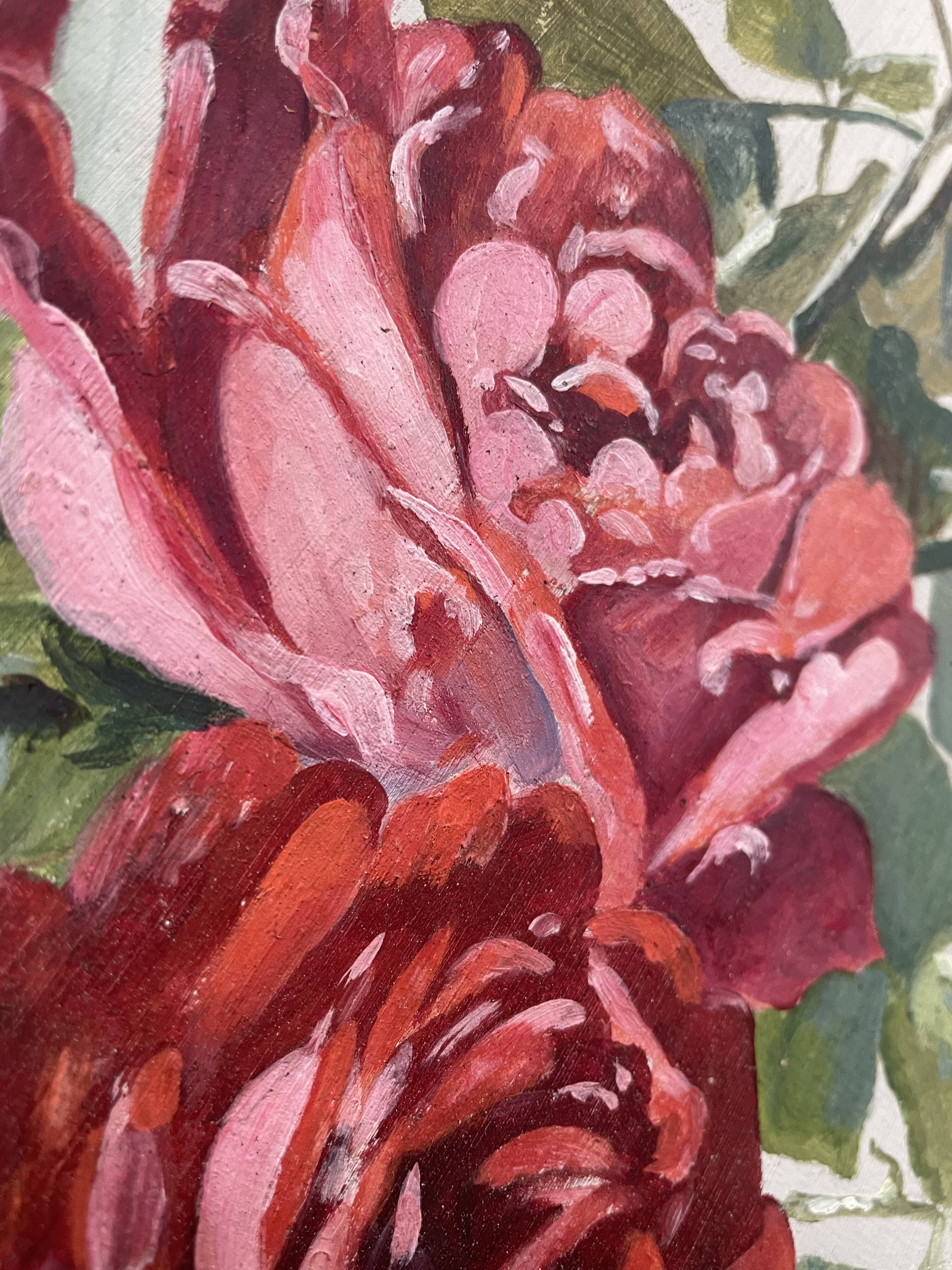 Old painting on paper depicting roses, framed.