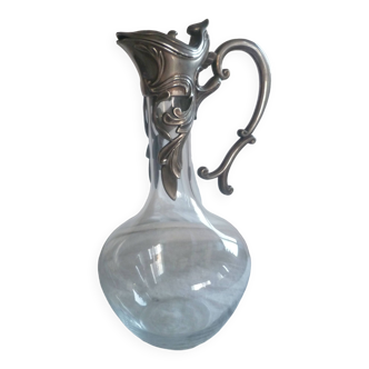 Jugenstyl art nouveau style ewer in blown glass & silver metal