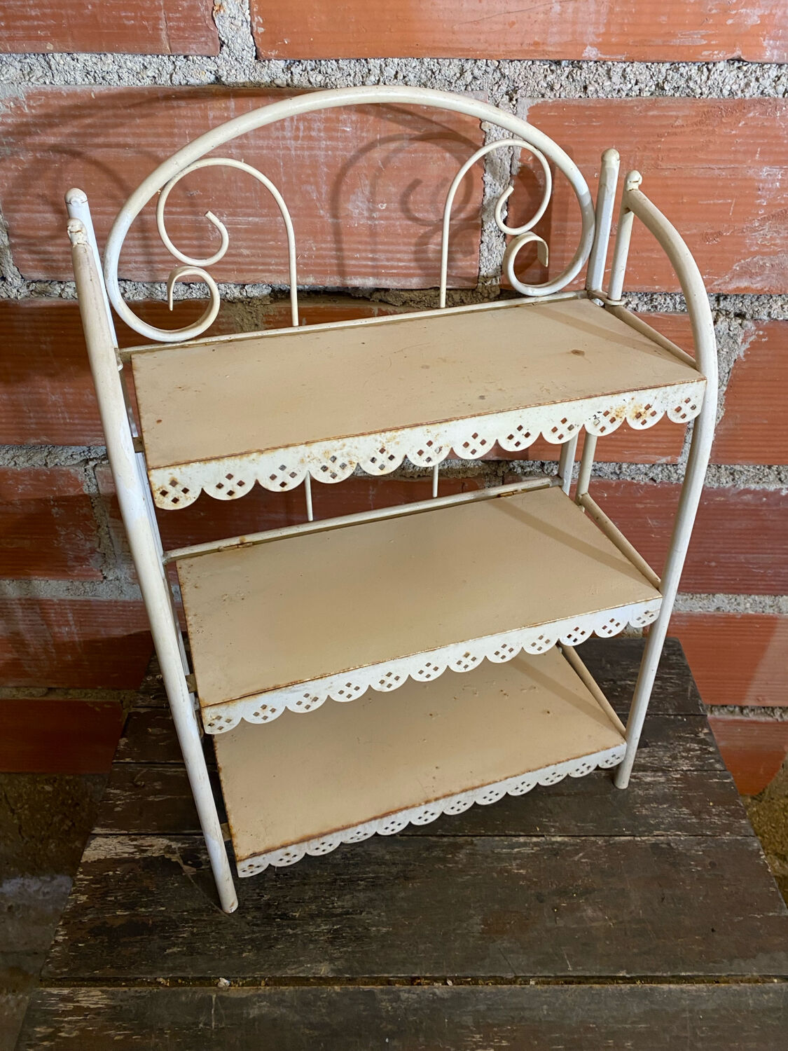 Vintage White Broken Metal Folding Shelf Unit 3 Tiers