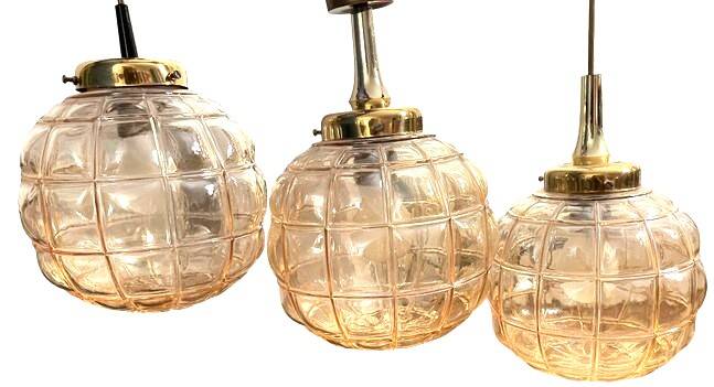 Triple Art Deco style amber glass pendant light