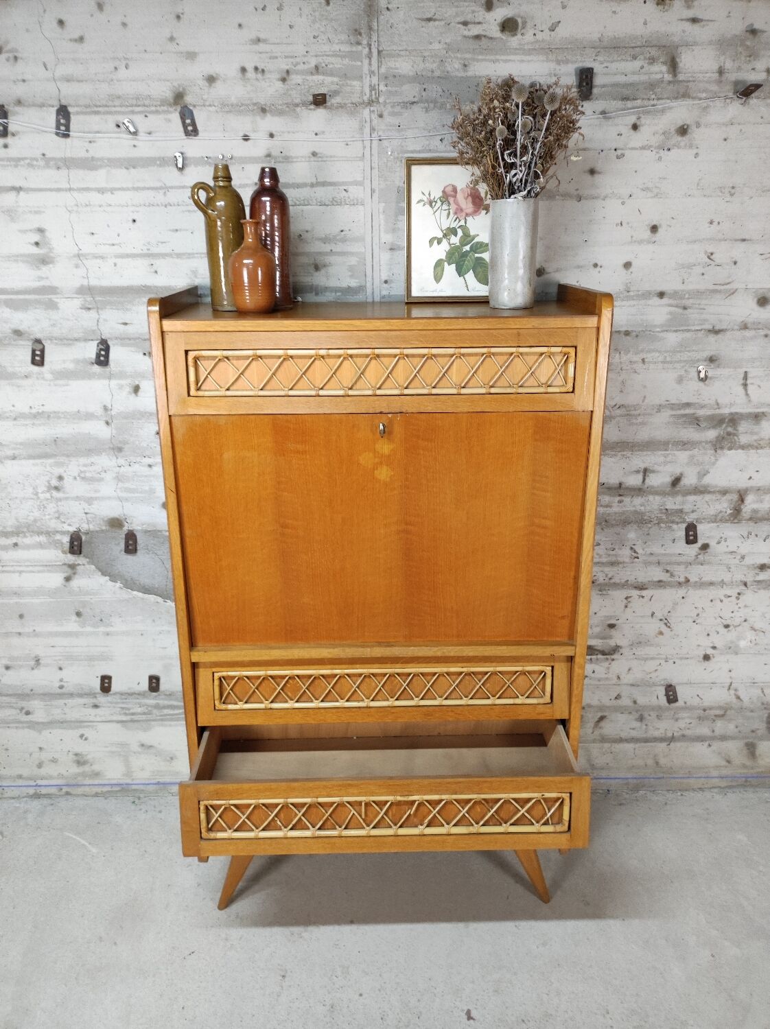 Vintage wood and rattan secretary