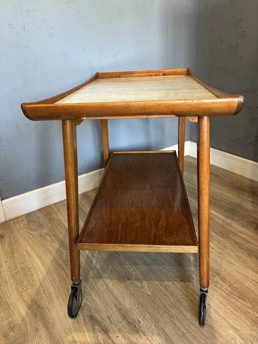 Mid-Century "Opal" Bar Cart / Serving Trolley — Oak & Rattan, 1960s