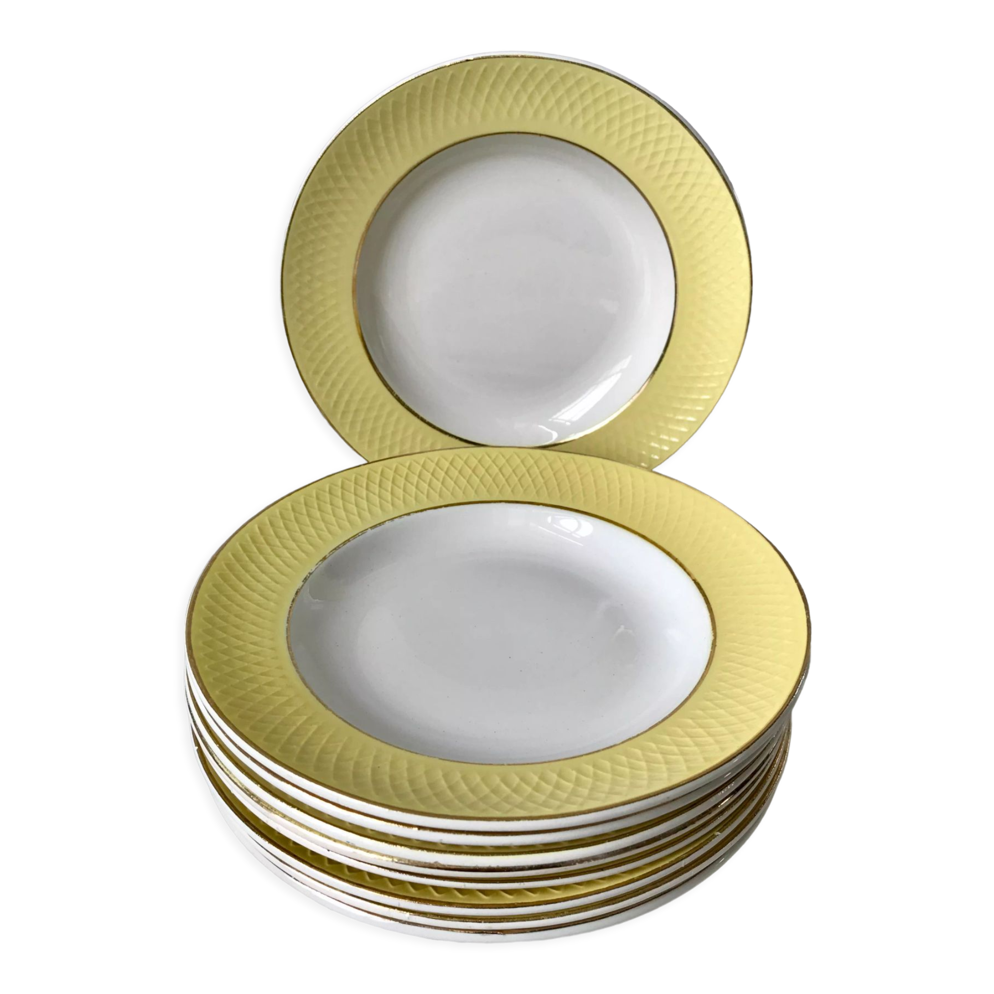 Lot of 9 pastel yellow hollow plates st amand textured 50s-60s