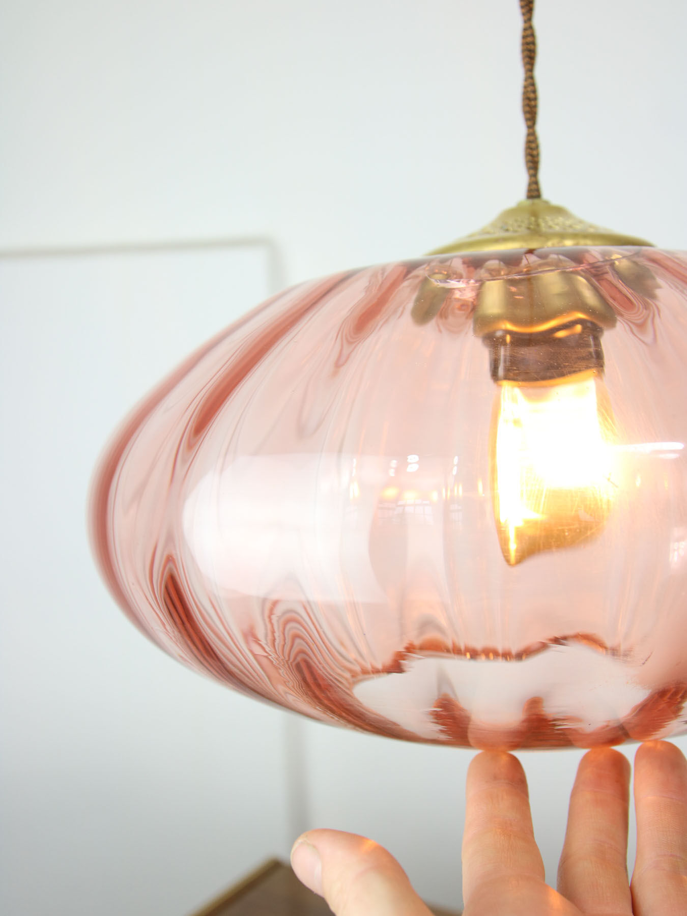 Mid Century Brass and Glass Crooked Pendant Lamp