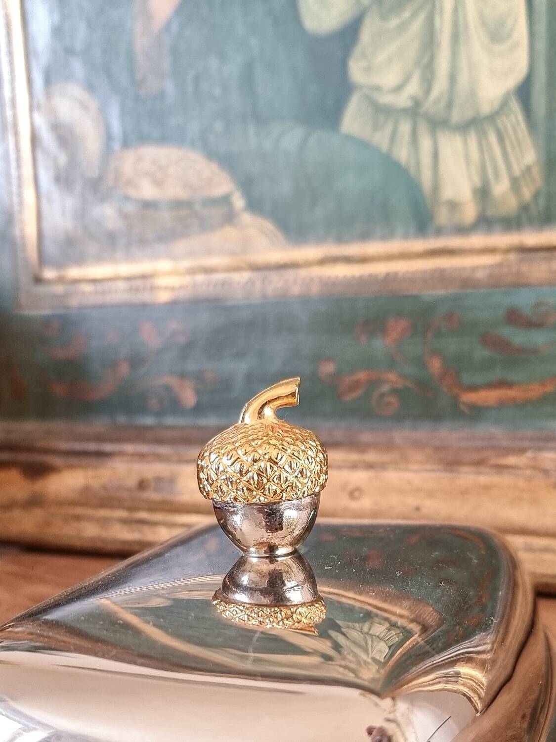 Silver metal butter dish, hazelnut handle