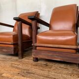PAIR OF BRUTALIST ARMCHAIRS IN TEAK AND VINTAGE COGNAC LEATHER FROM THE 1950S