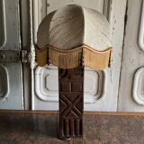 Brutalist Africanist lamp in carved wood 1950 fabric lampshade