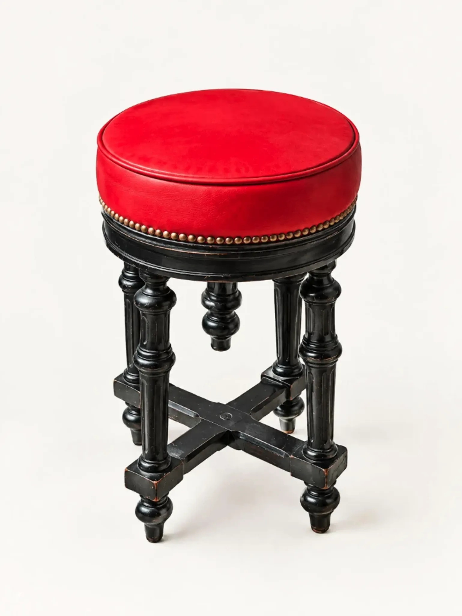 Napoleon III Piano Stool, French Red Velvet Ebonized Wood Accent Seat,