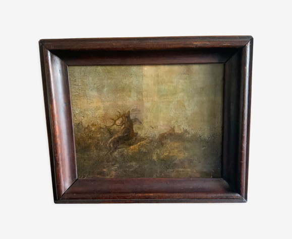 Scène originale de chasse à l’huile sur toile du 19ème siècle, signée par J.J.