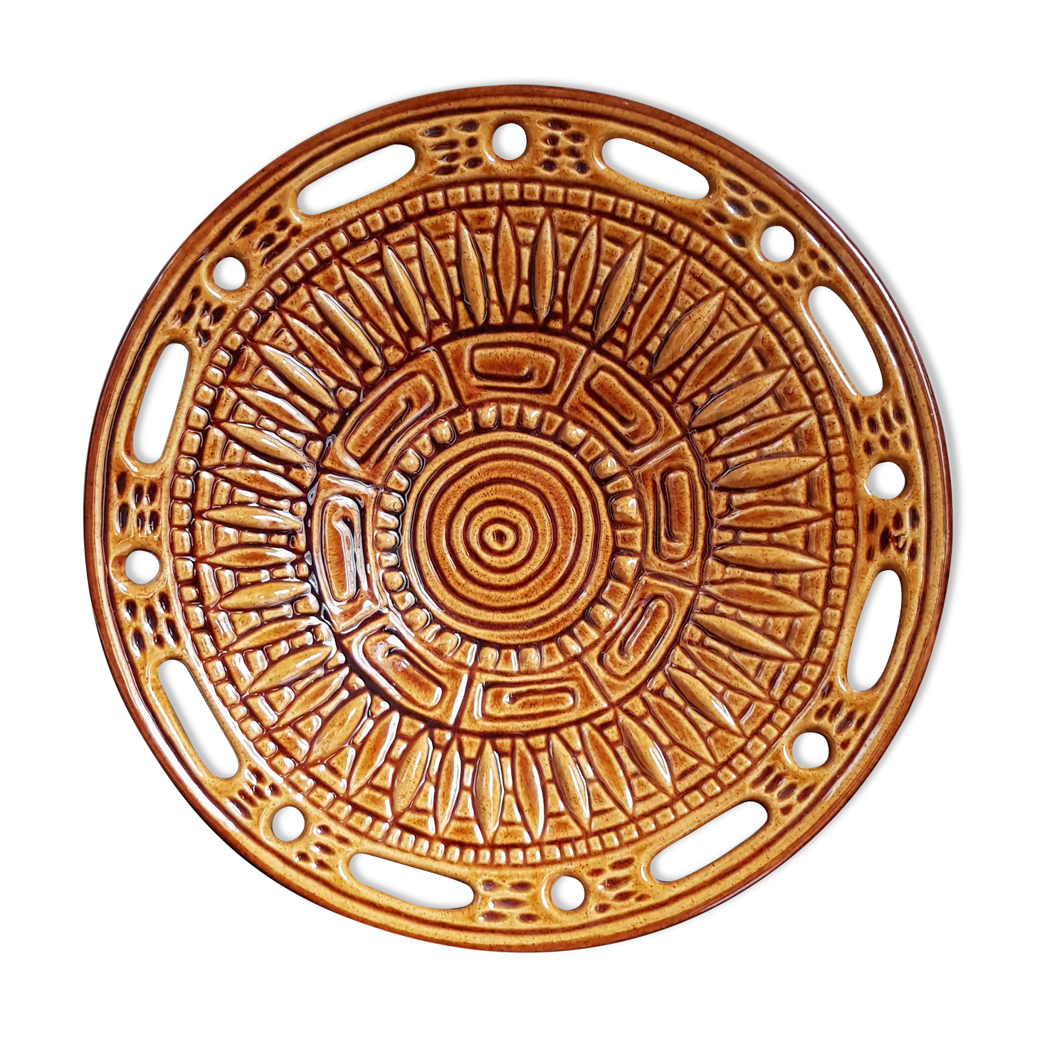 Large Mid-Century Modern French Ceramic Sunflower Plate - 1950s-1960s - Grottes de Dieulefit