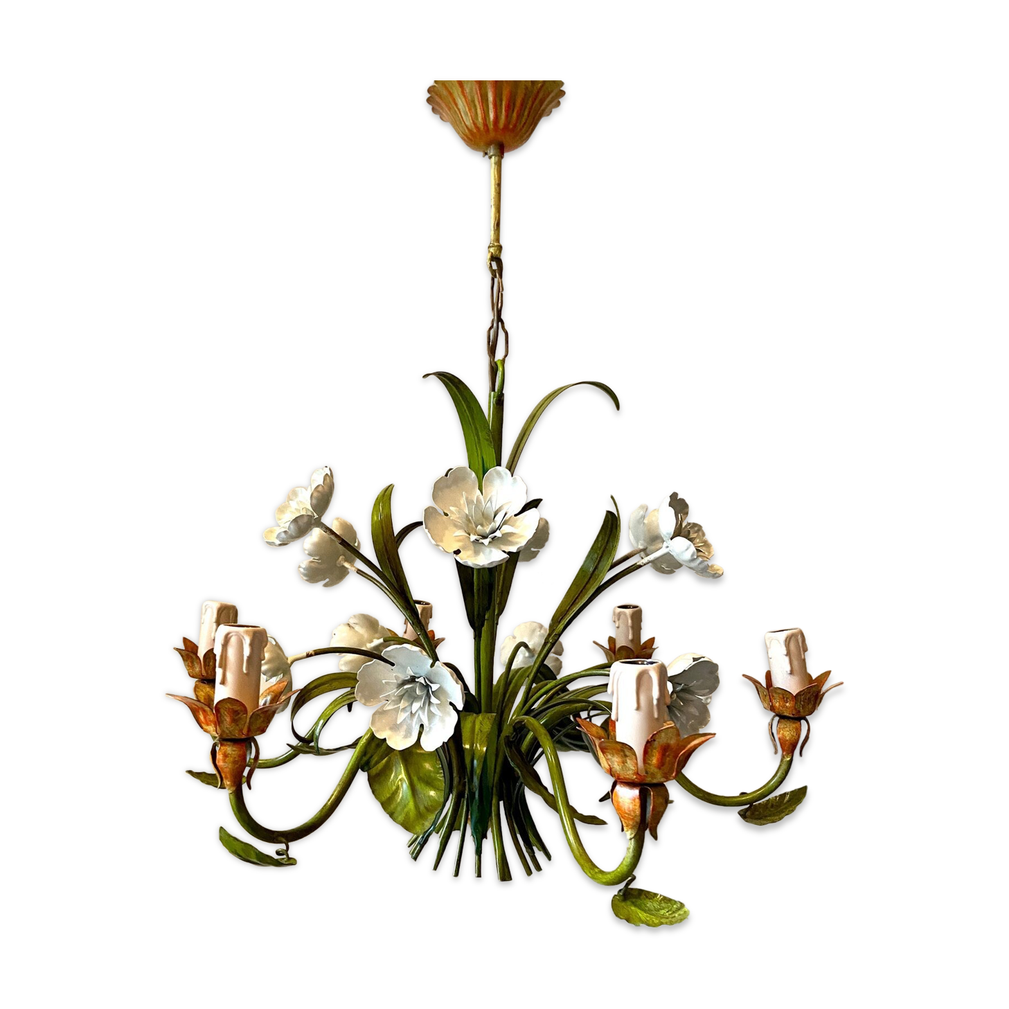 Chandelier 6 lights in green, white and orange metal