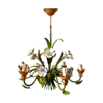 Chandelier 6 lights in green, white and orange metal
