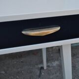 Mid-Century desk/console in dark blue and beige painted wood – Hungarian design from the 1960s.