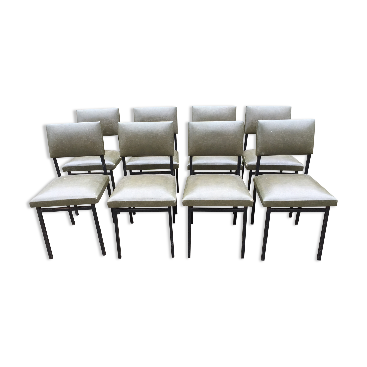 Vintage chairs guariche stone in Skaï green bottle and base in metal square tube.