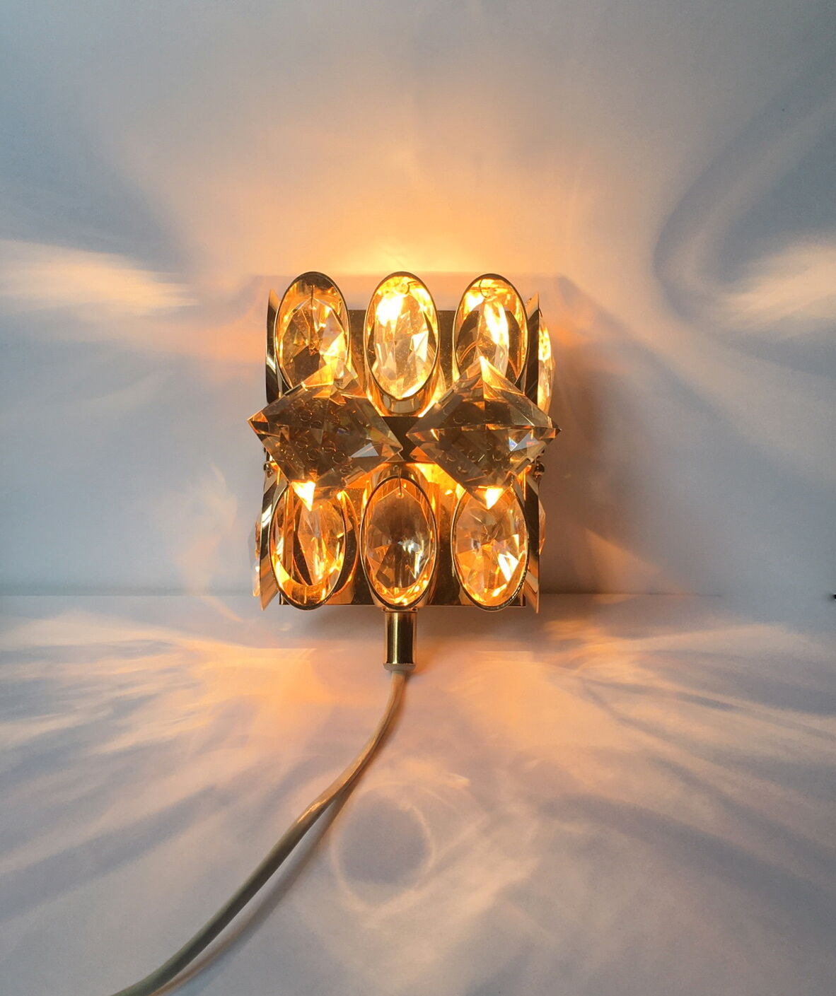Palwa gold brass and crystal wall light 1960 design