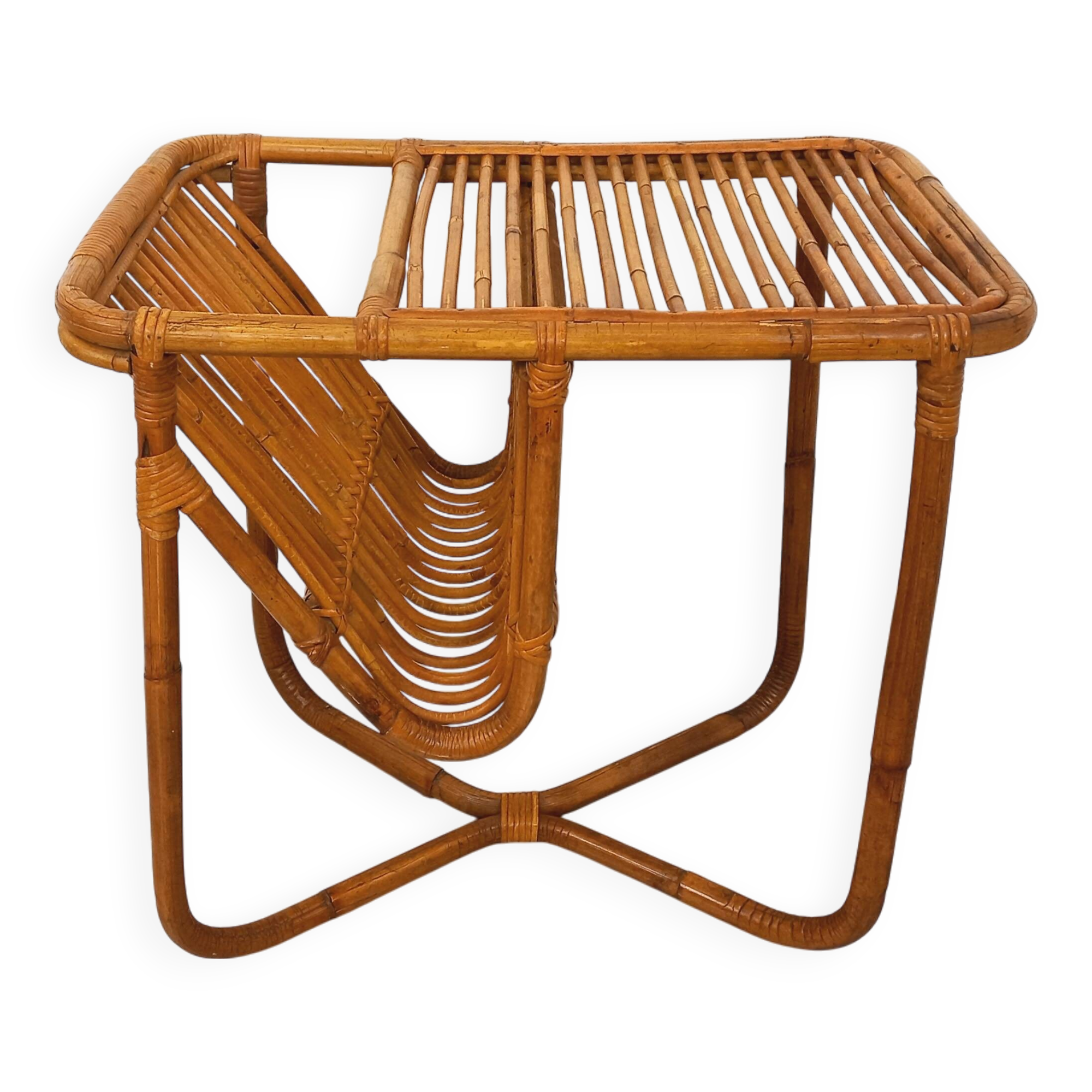 Side table / coffee table with vintage 1960s rattan magazine rack.