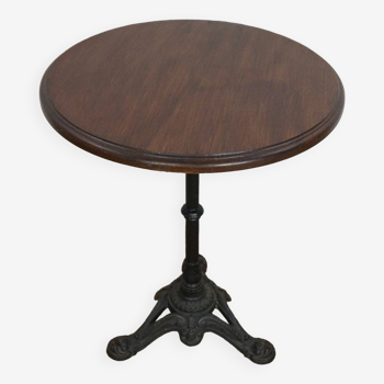 Bistro pedestal table with vintage cast iron base, oak top, dark oak finish
