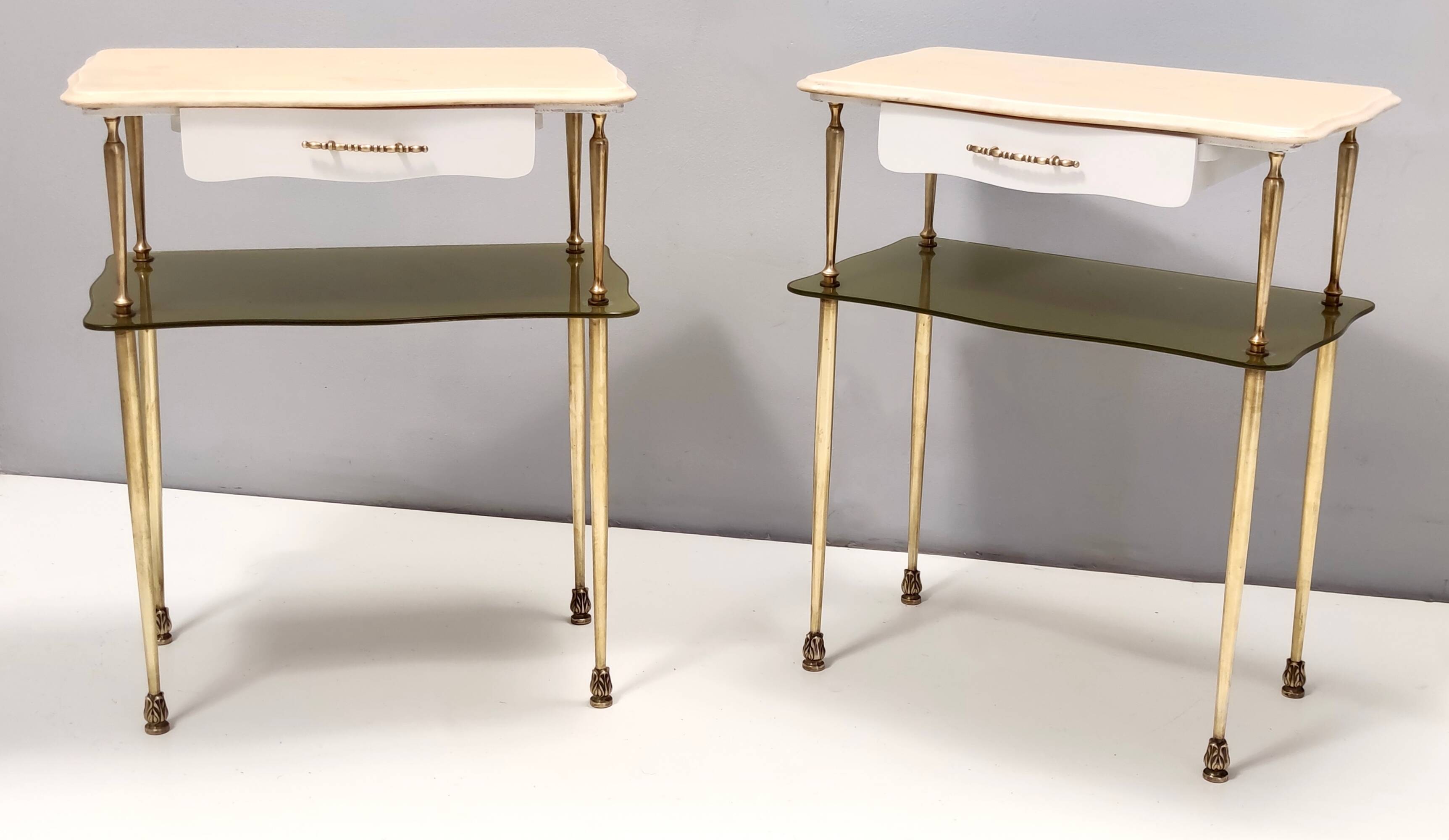 Pair of White Lacquered Nightstands with Marble Tops and Glass Shelves, Italy