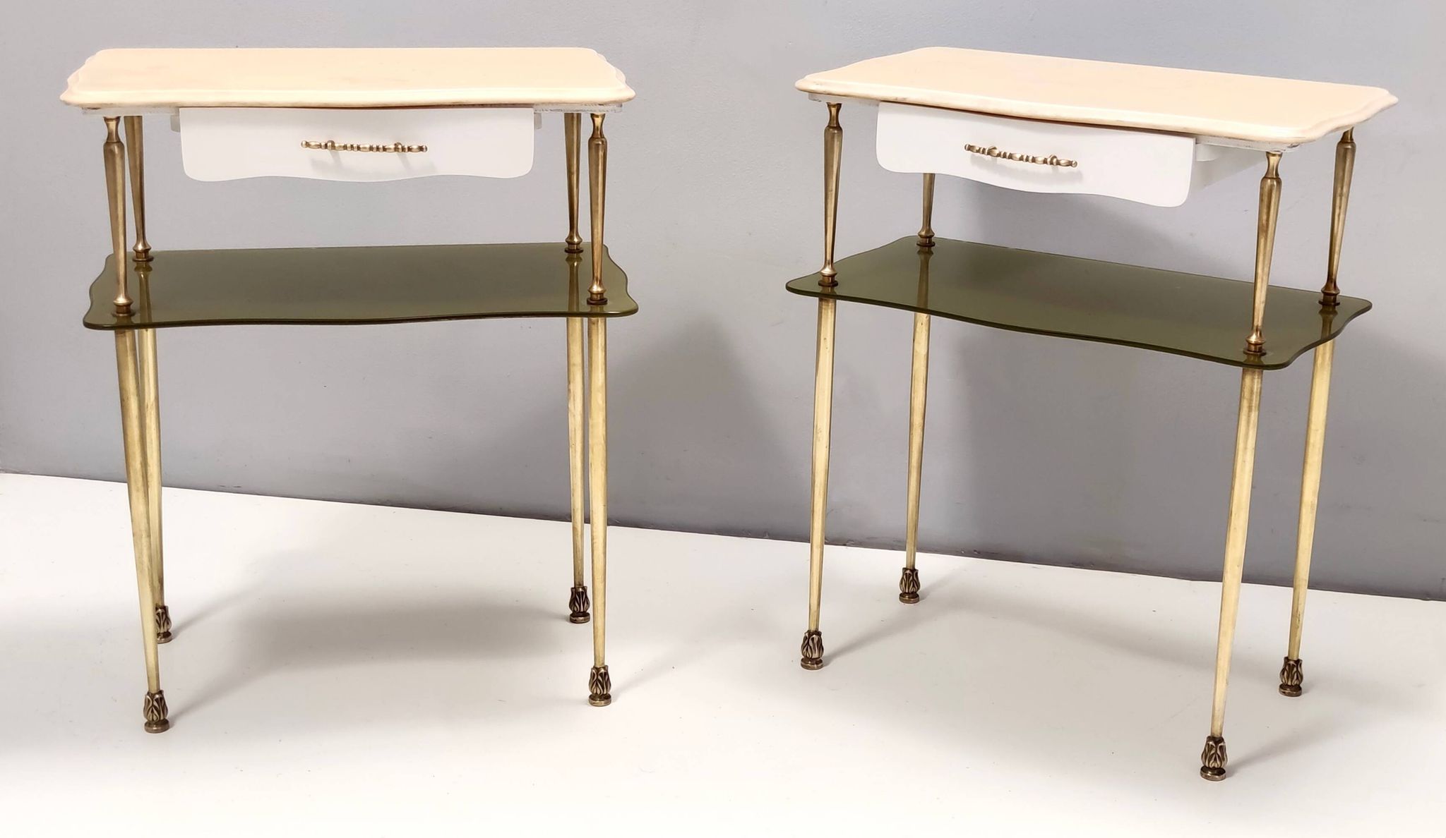 Pair of White Lacquered Nightstands with Marble Tops and Glass Shelves, Italy