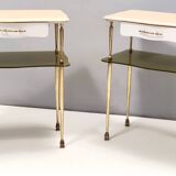 Pair of White Lacquered Nightstands with Marble Tops and Glass Shelves, Italy