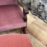 Armchair Voltaire or shepherdess and foot rest in pink velvet Louis XVI