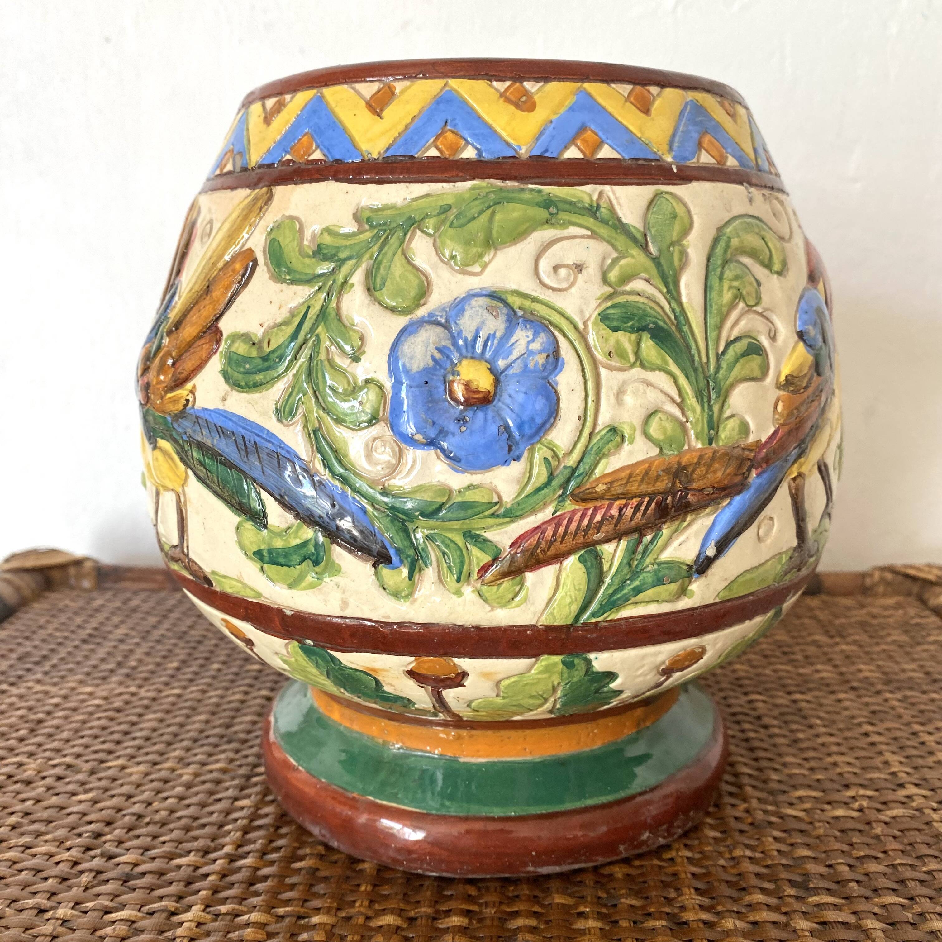 Ceramic pot, Perugia Italy, flower and bird decoration
