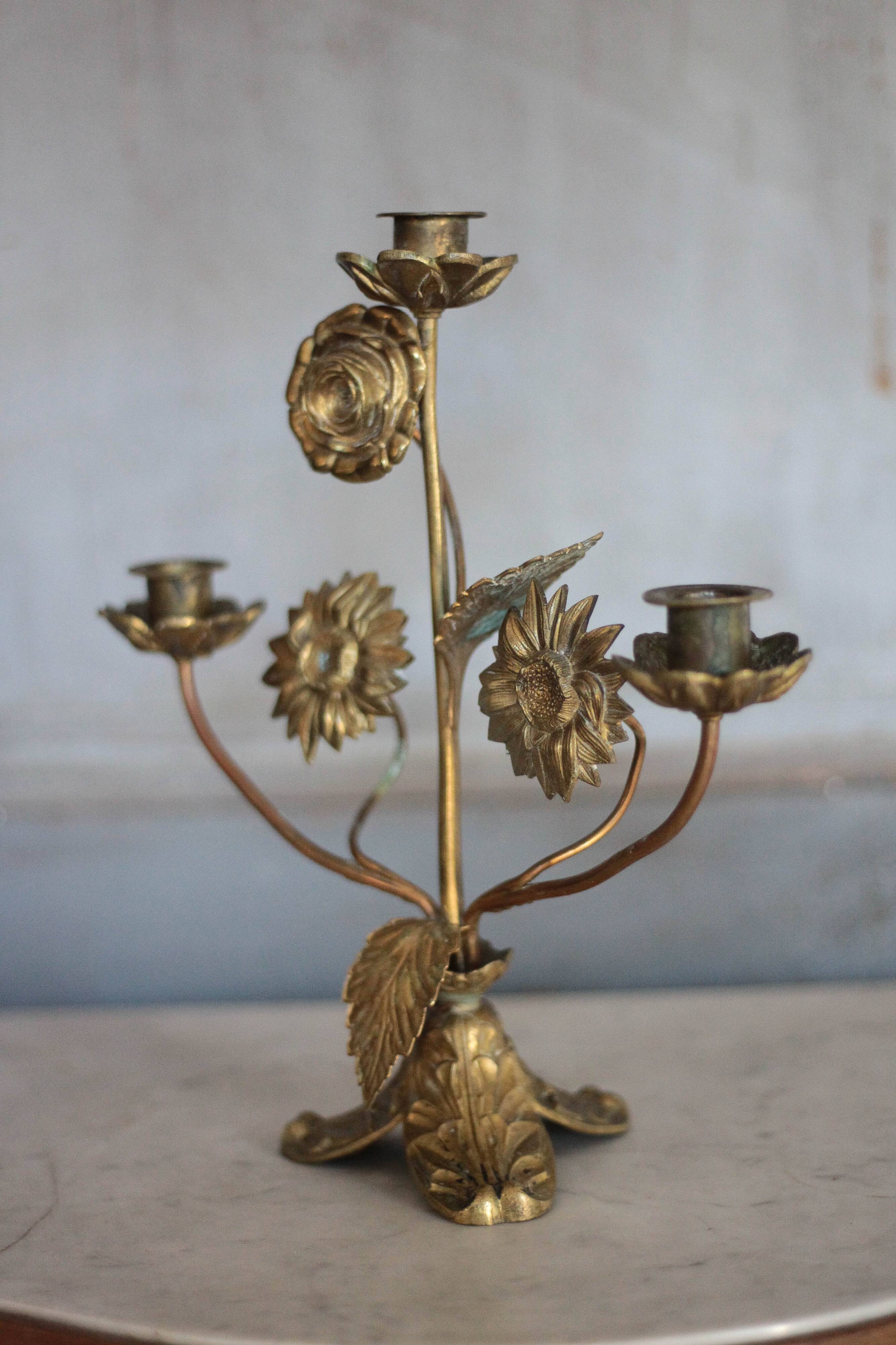 Brass candelabra with flowers, 3 candlesticks, church candle holder