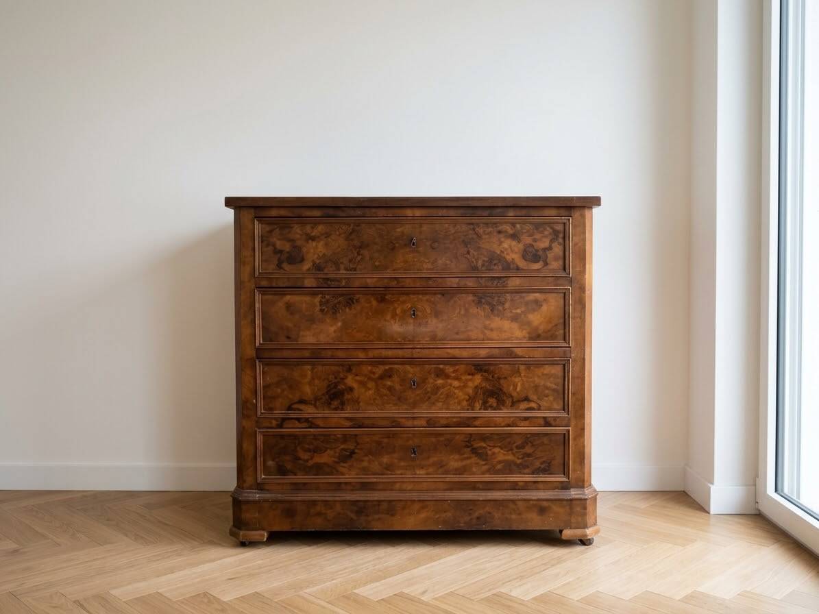 Antique walnut chest of drawers with 4 drawers.