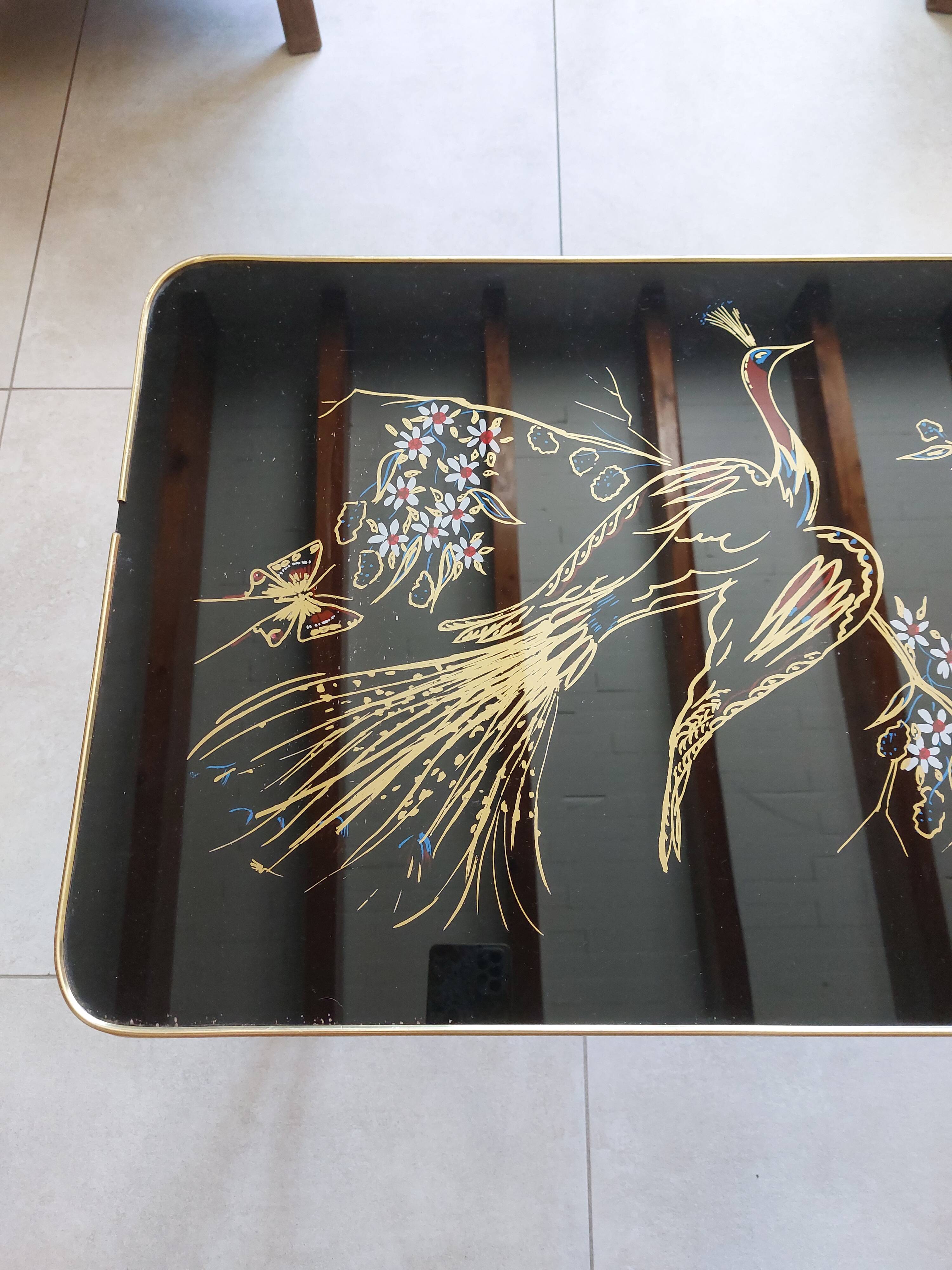 Japanese patterned coffee table, tapered legs and brass, vintage.