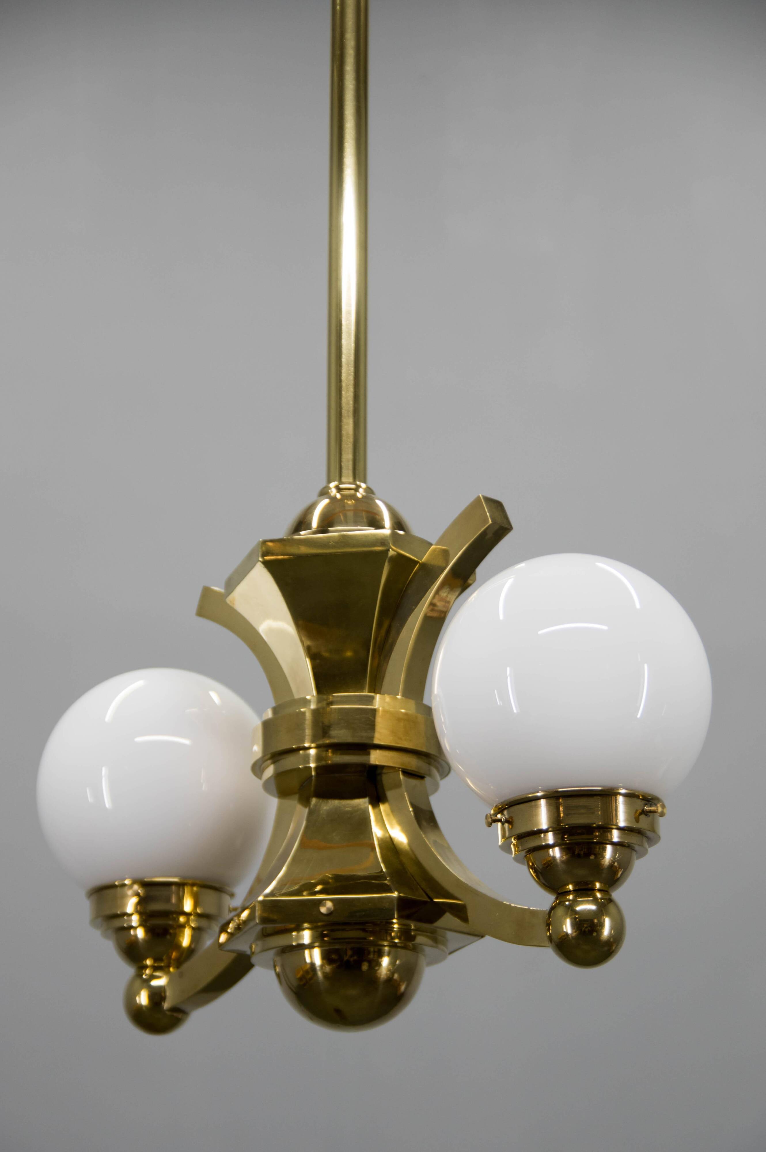 Art Deco Brass and Glass Chandelier by Gocar, 1910s, Restored