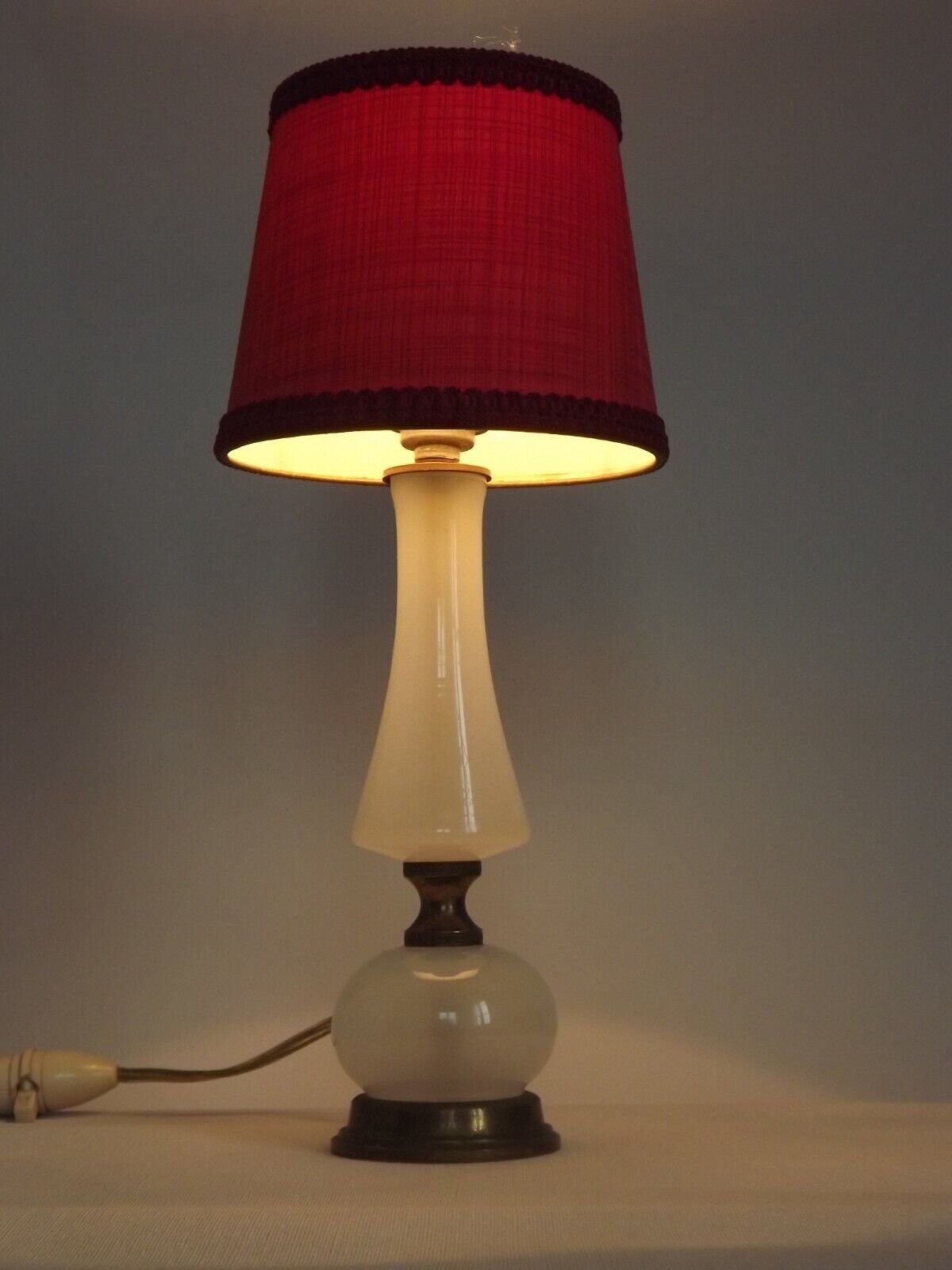 Brass & white glass table lamp red fabric shade