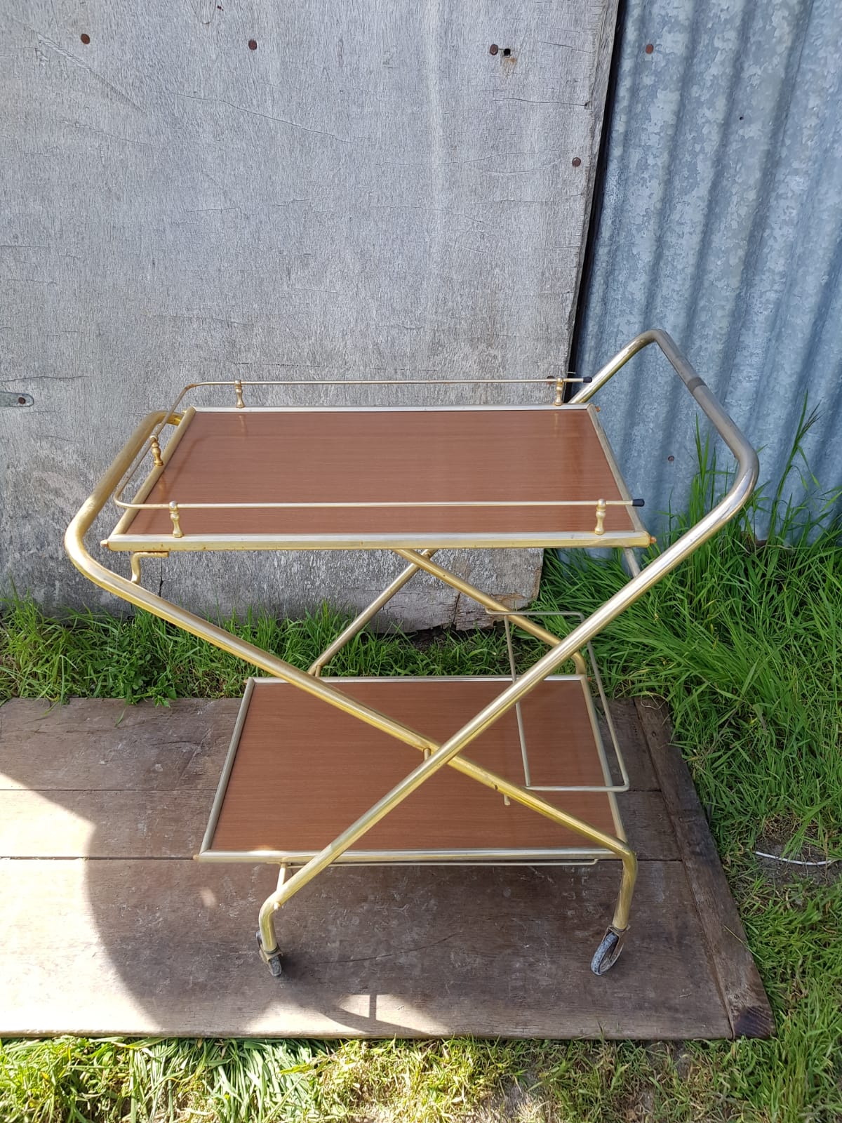 Ancient Dessert Table On Roulettes Golden Metal - Formica 70s Vintage