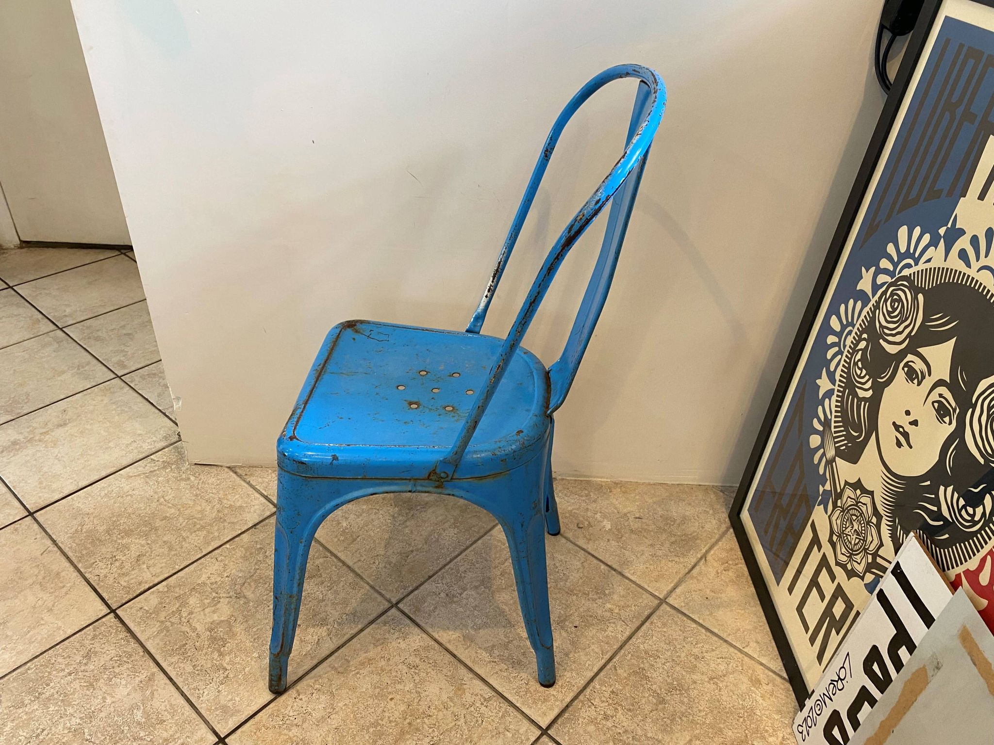 Authentic blue tolix metal chair by Xavier Pauchard vintage industrial 1950