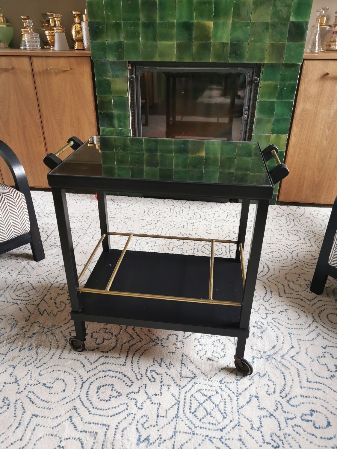 Art Deco wooden mirror and brass rolling service