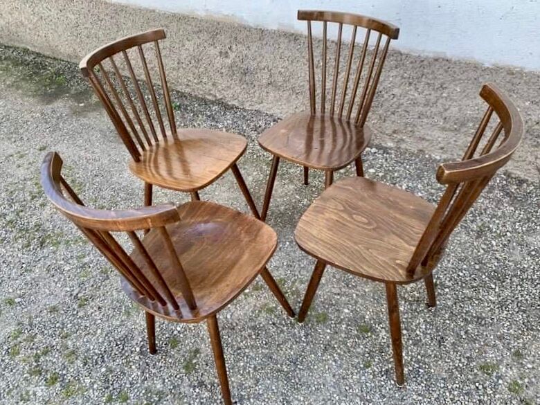 Series of 4 old chairs bistro wood curve dossir eventail in hetre