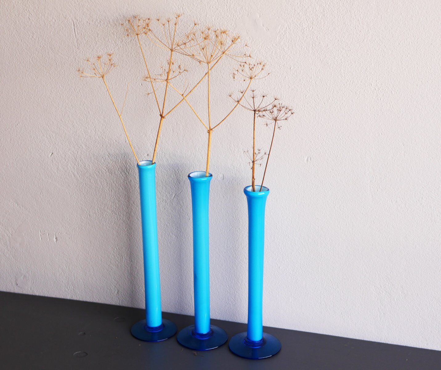 Vintage tall handblown orchid vases in azure blue by Artur Percy for Gullaskruf, 1970s, set of 3