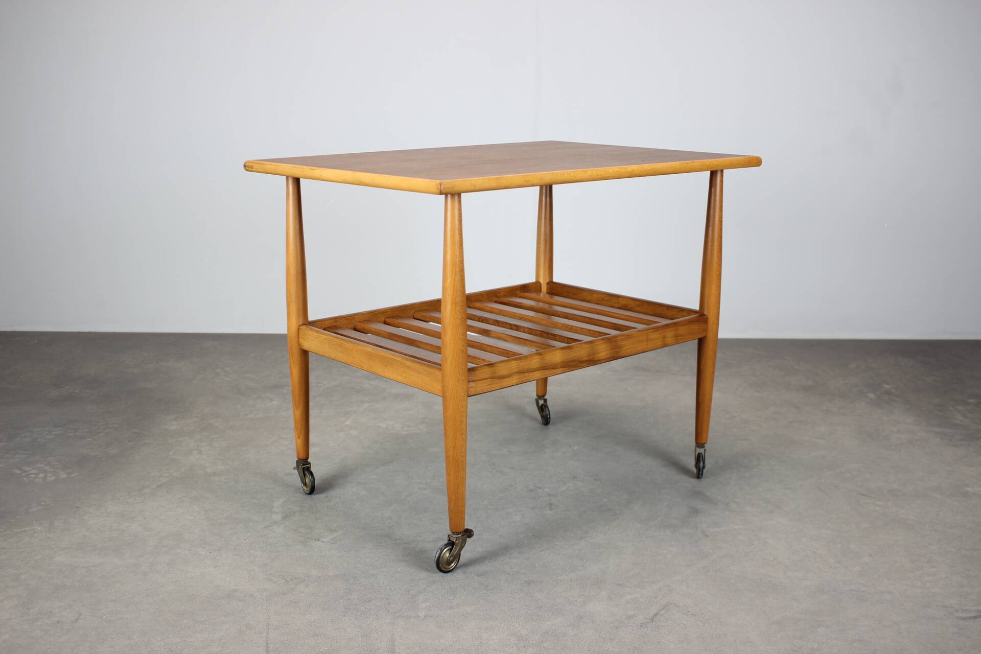 Restored Danish teak rolling table with shelf, 1960s