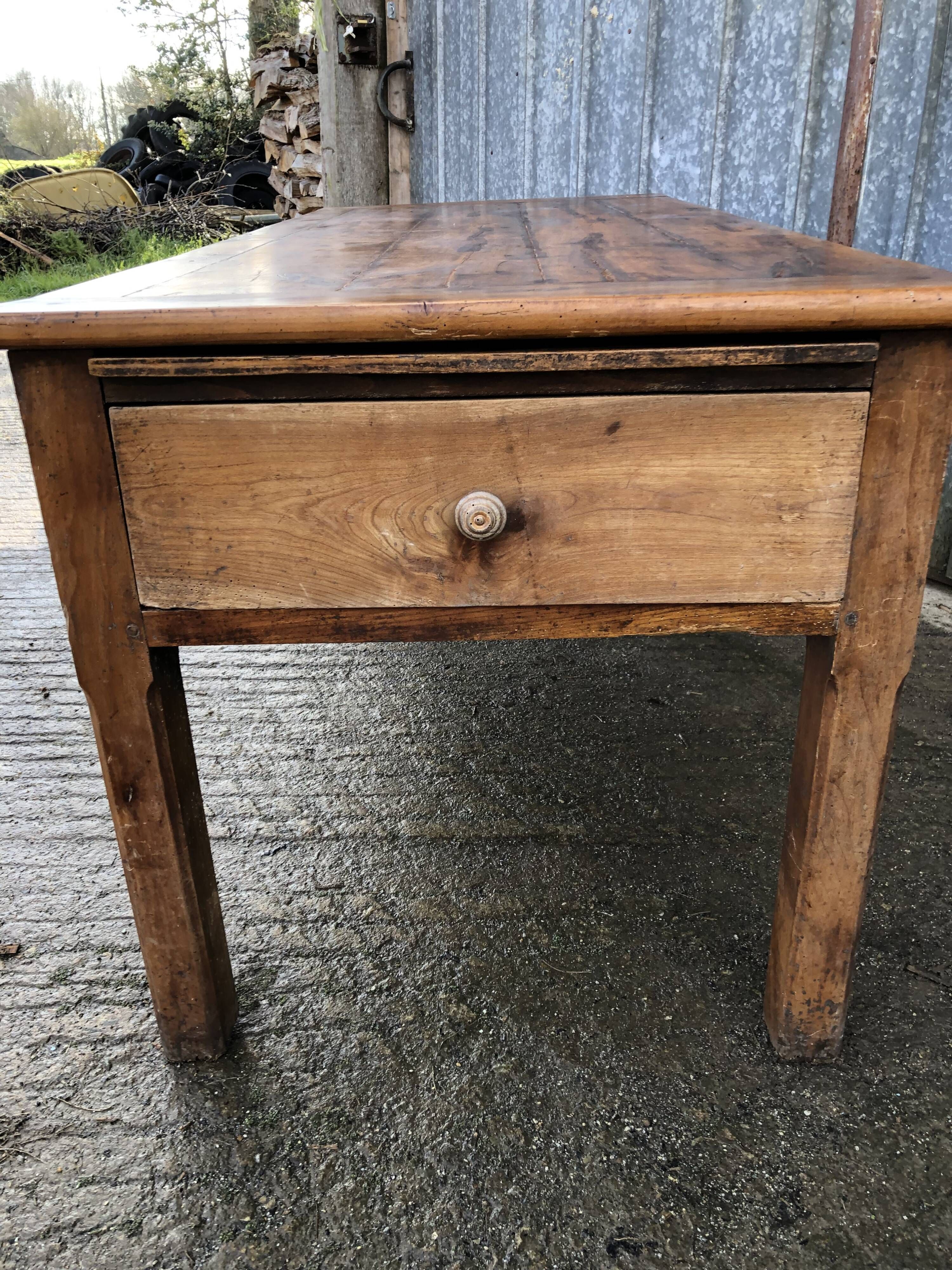 Antique Rustic Solid Cherry Farmhouse Table with 3 Drawers and 1 Pull Out