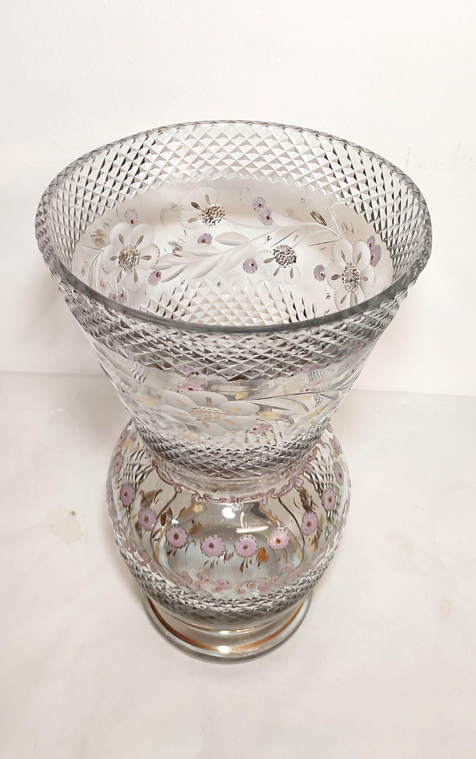 Glass vase carved and painting by hand. France 1940s.