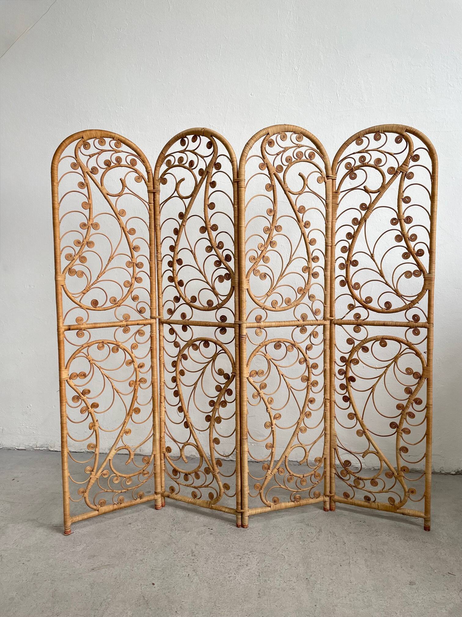 Vintage Four-part Rattan Peacock Screen, Room Divider, 1950s