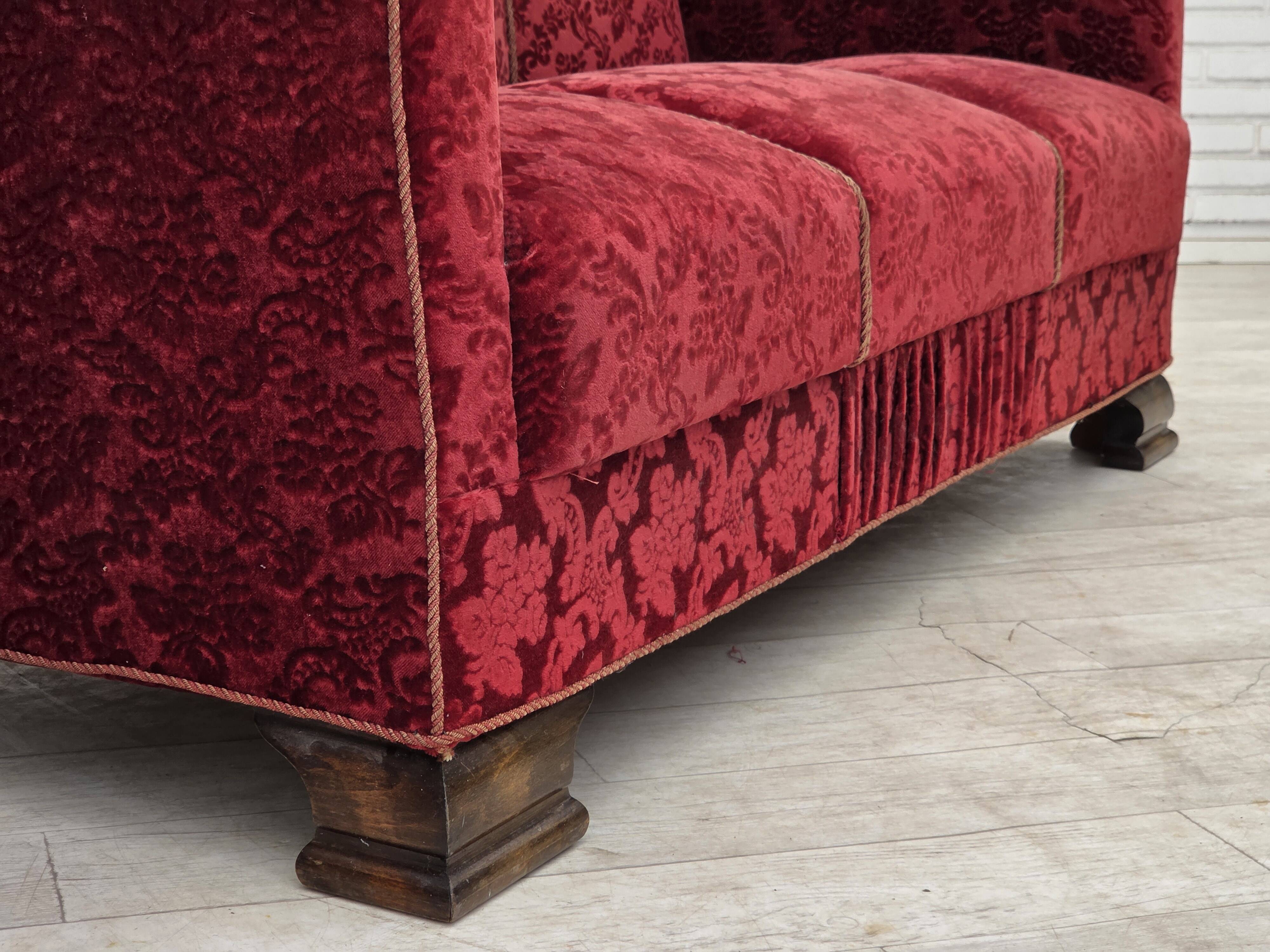 1950s, Danish 3-seater sofa, furniture velour, oak wood.