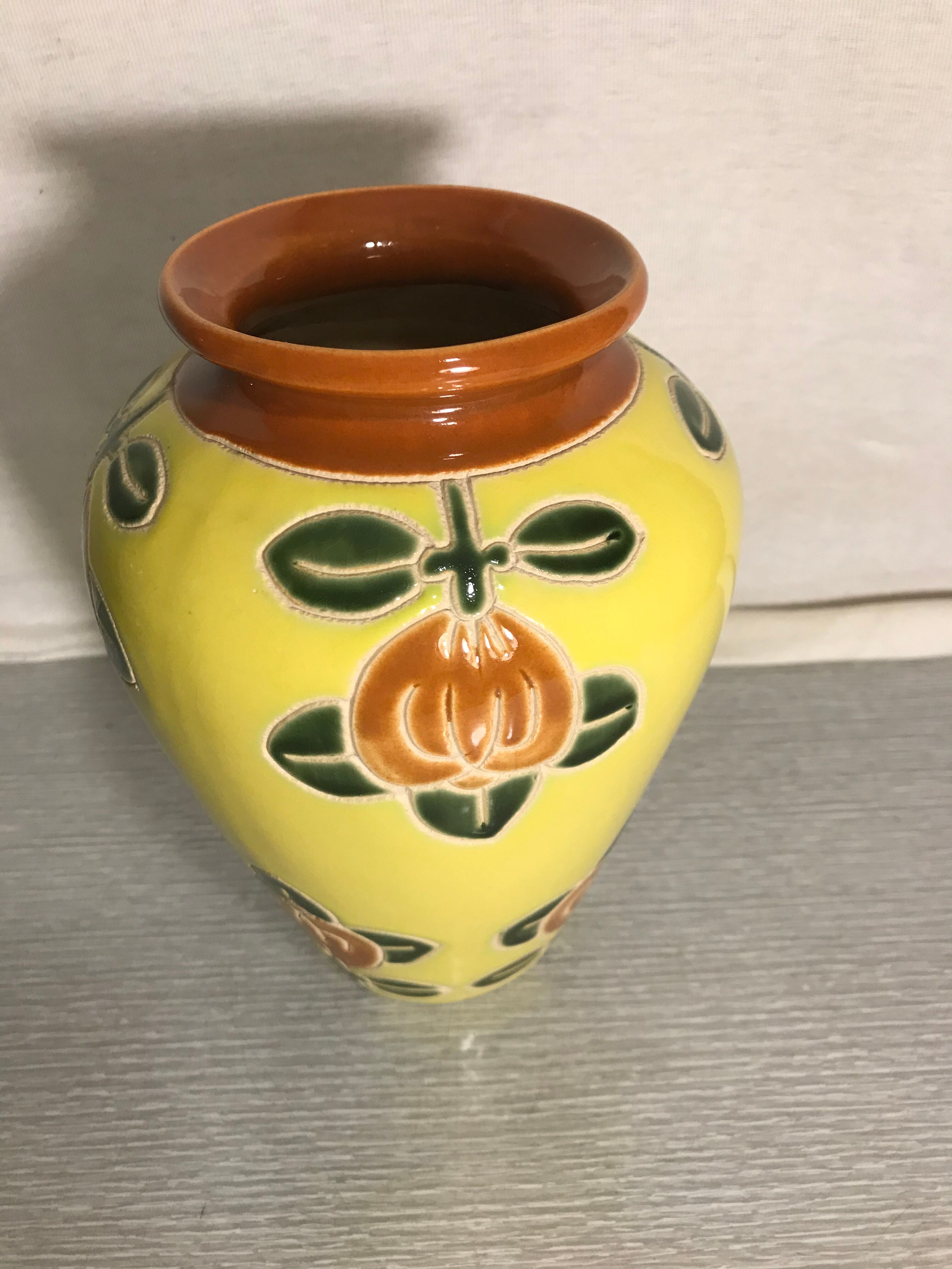 Ancient Ceramic Vase Enamelled Drawing Flowers Years 50 Vintage