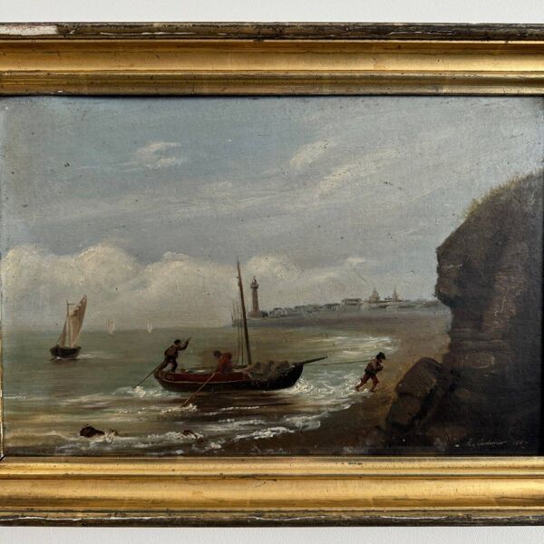 Huile sur carton par R. Coubinier 1887 barque sur une côte rocheuse