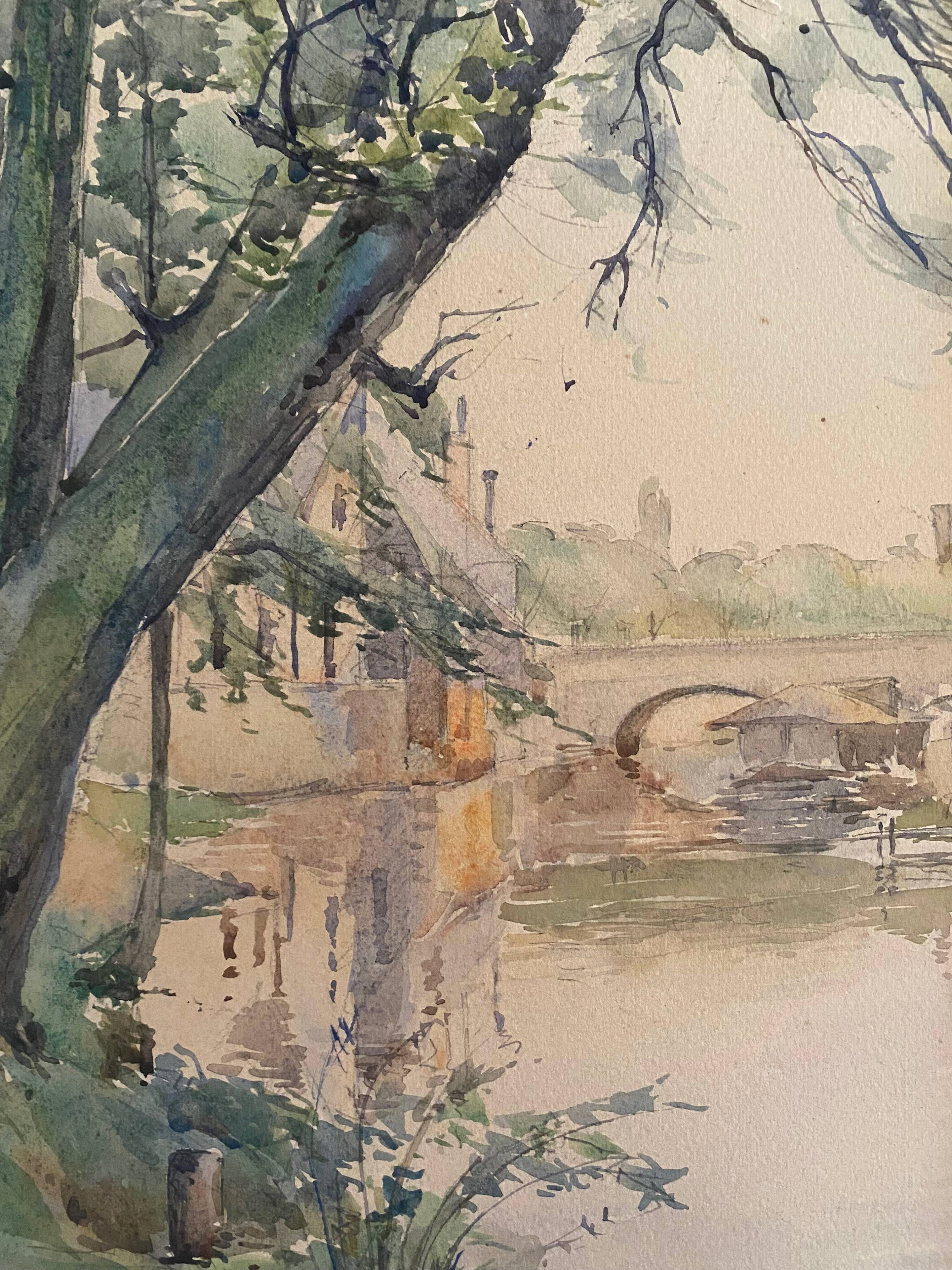 Watercolor painting "View of Dijon" l'Ouche in 1919 signed to decipher