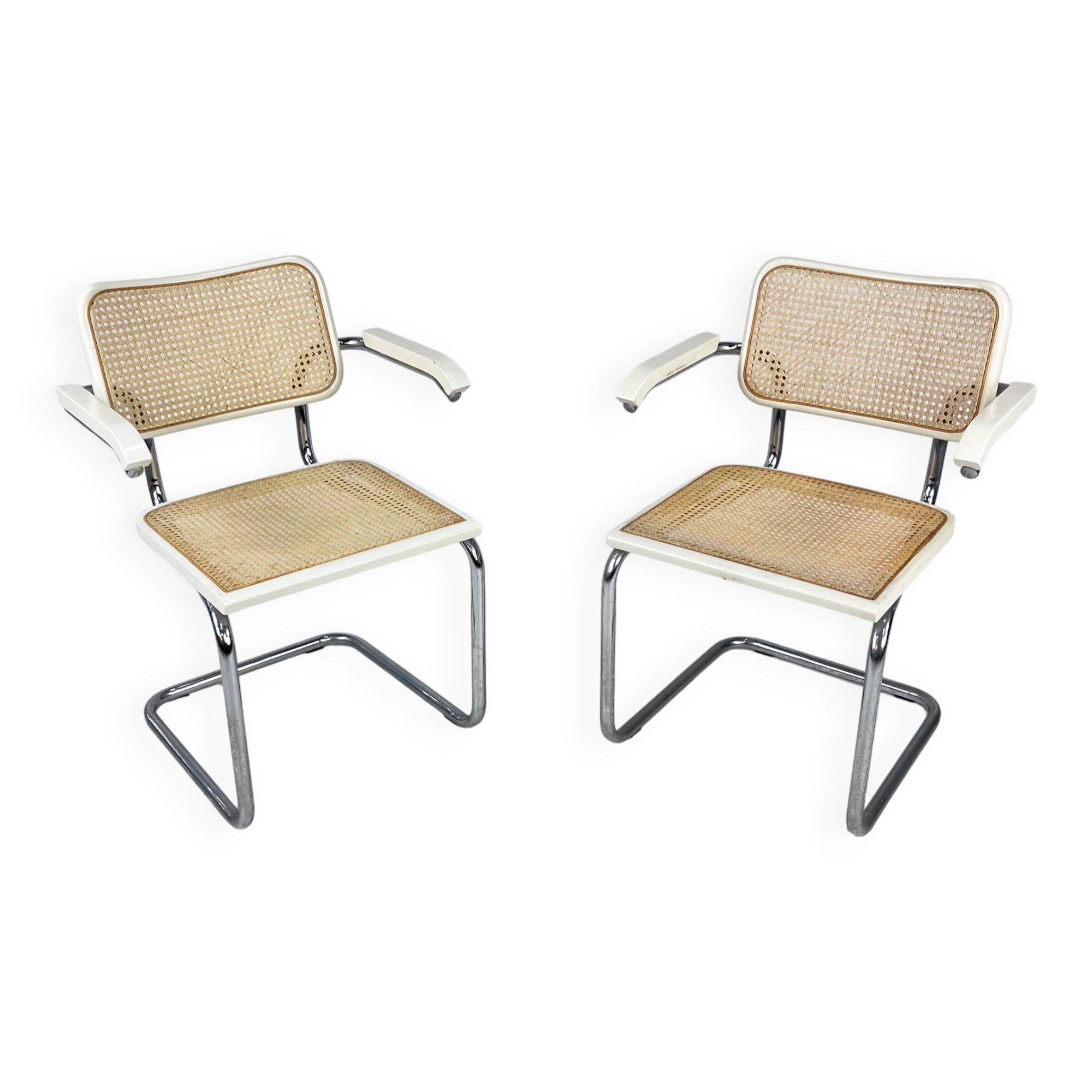 Set of 2 Tubular Frame and Cane Cantilever Arm chairs, Italy, 1970s