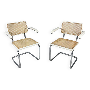 Set of 2 Tubular Frame and Cane Cantilever Arm chairs, Italy, 1970s